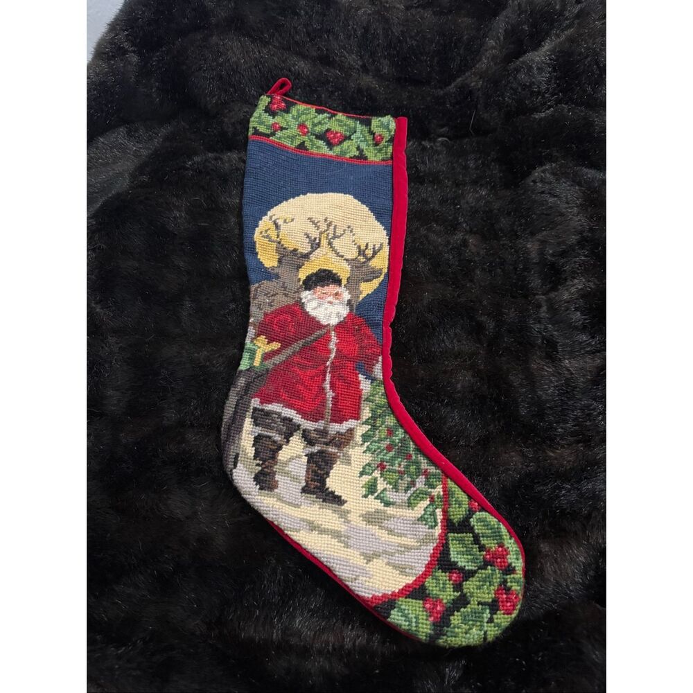 Needlepoint Christmas‎ Stocking Santa Scene Presents Velvet Vintage reindeer